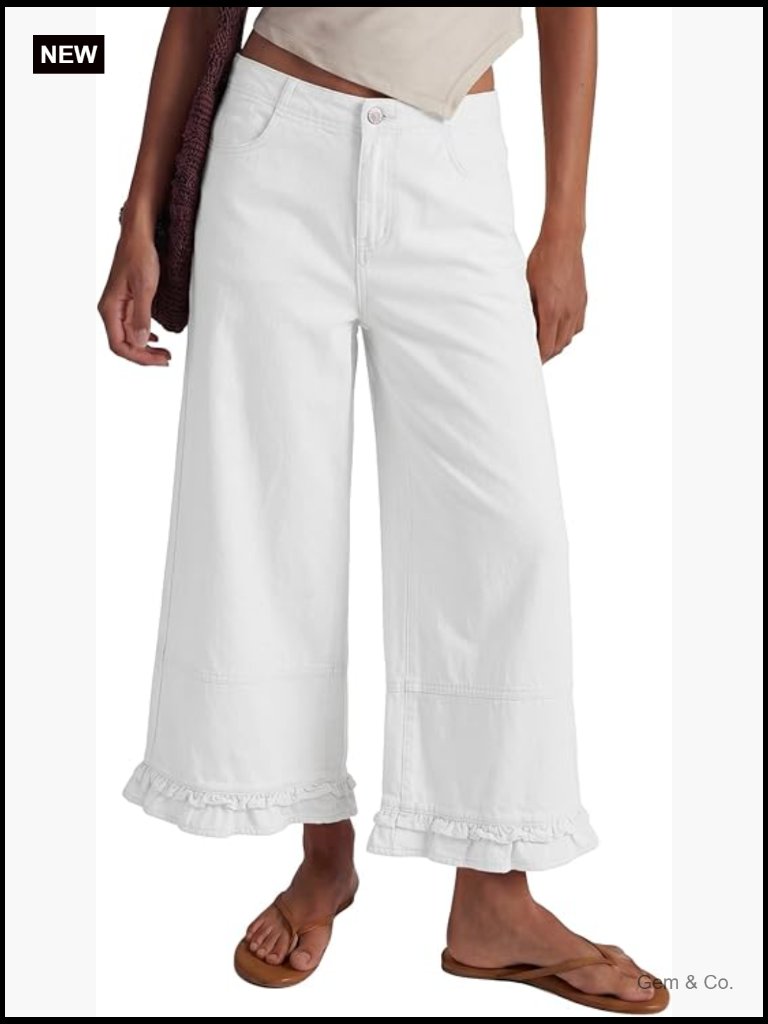 Mid-Rise Cropped Wide Leg Jeans Ruffle Hem Baggy Trouser Denim